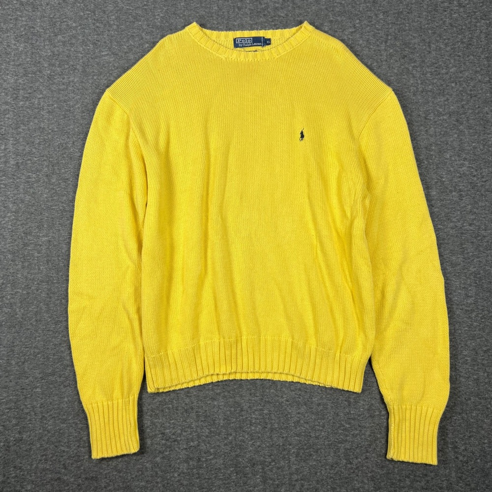 Vintage 90s Polo Ralph Lauren Waffle Knit Sweater Men XL Yellow Crewneck Preppy